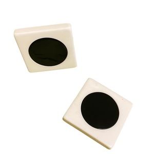 Square white clip ons earrings with round black square
